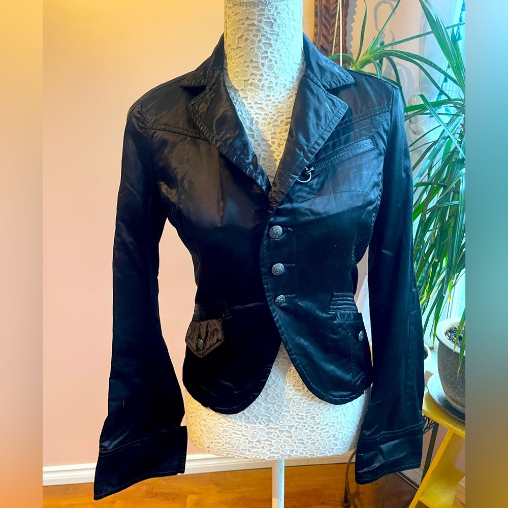 Y2k Shiny Black 'Diesel' Blazer Moto Jacket With Playing Card Embroidery